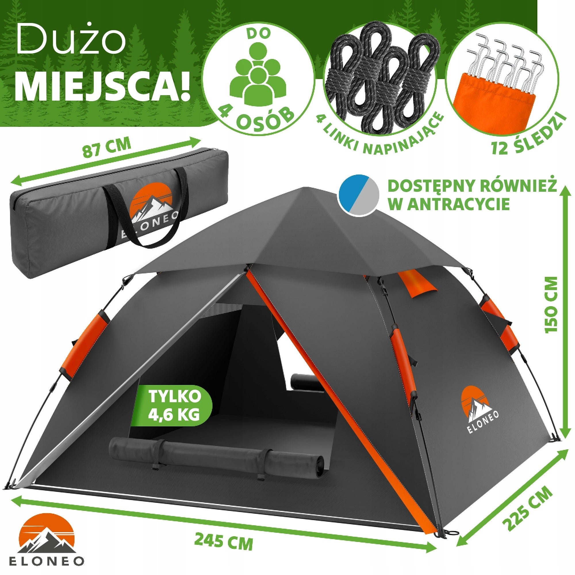ELONEO Pop-Up Tent Self-folding 245x225x150cm Orange-Grey Manufacturer code KP01 ORANGE/DARKGREY