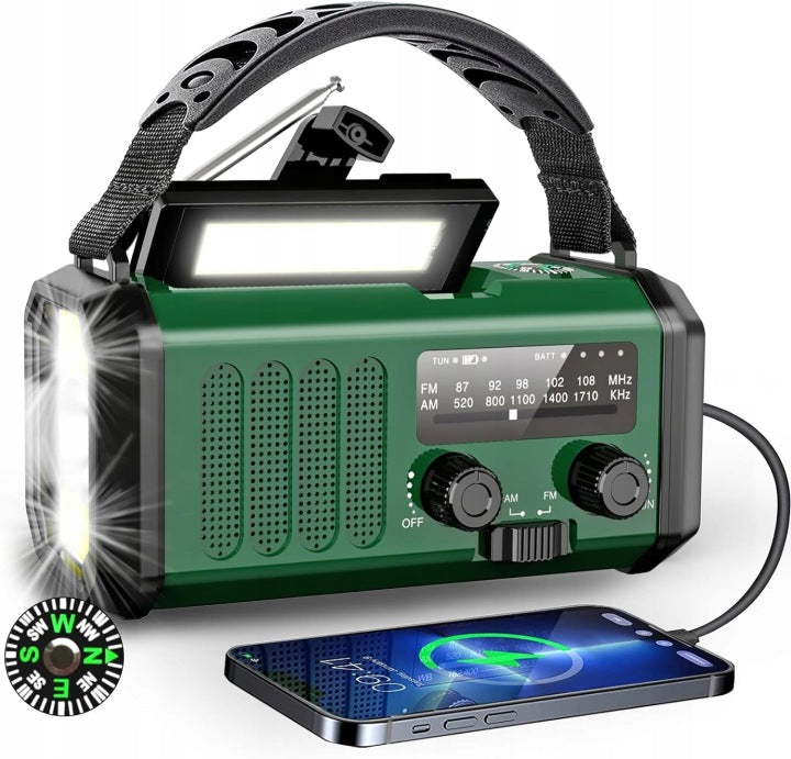 EMERGENCY RADIO SOLAR CRANK DYNAMO FLASHLIGHT POWERBANK 10 000 mAh USB-C SOS