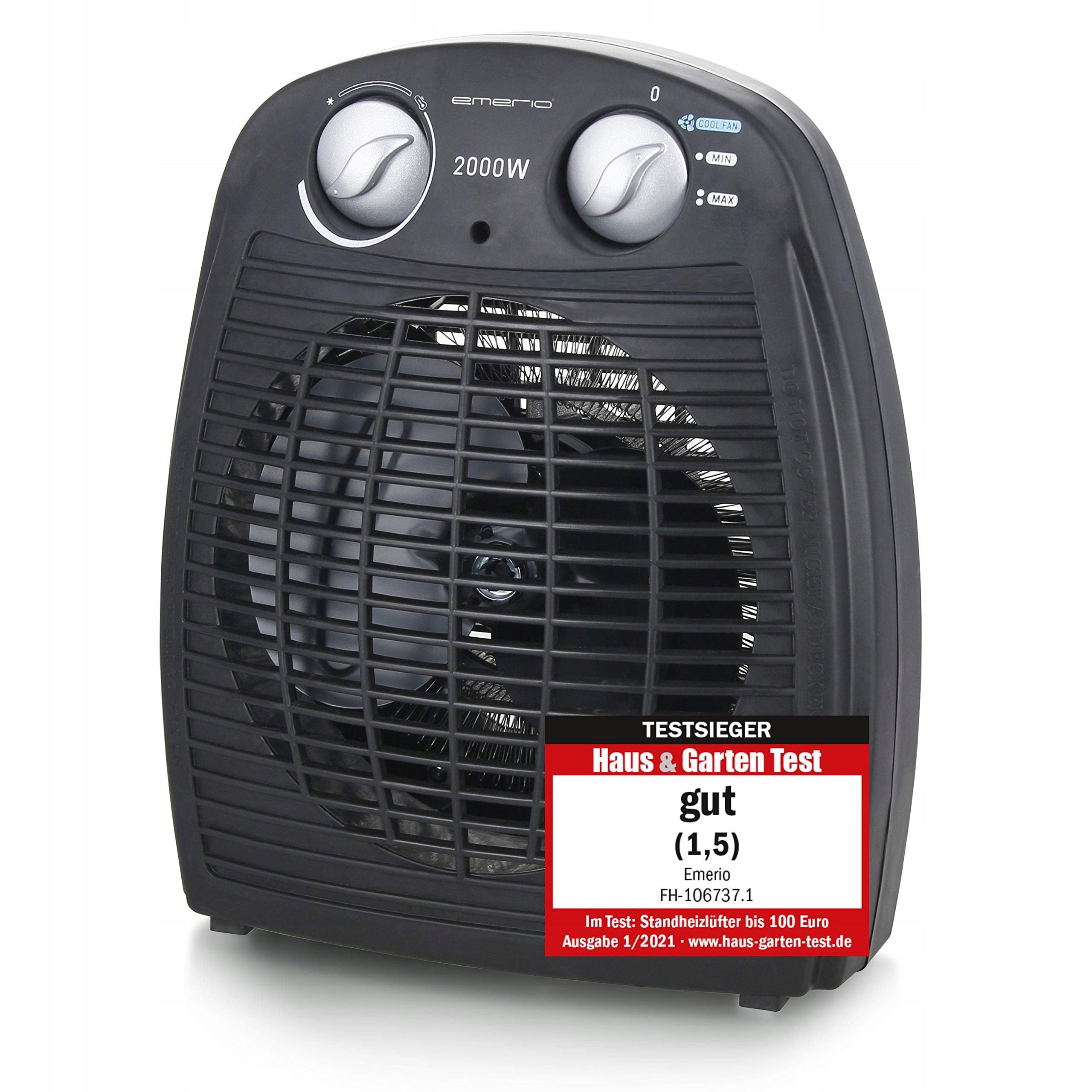 EMERIO Compact Portable Fan 2000W Thermostat Holder 20m²