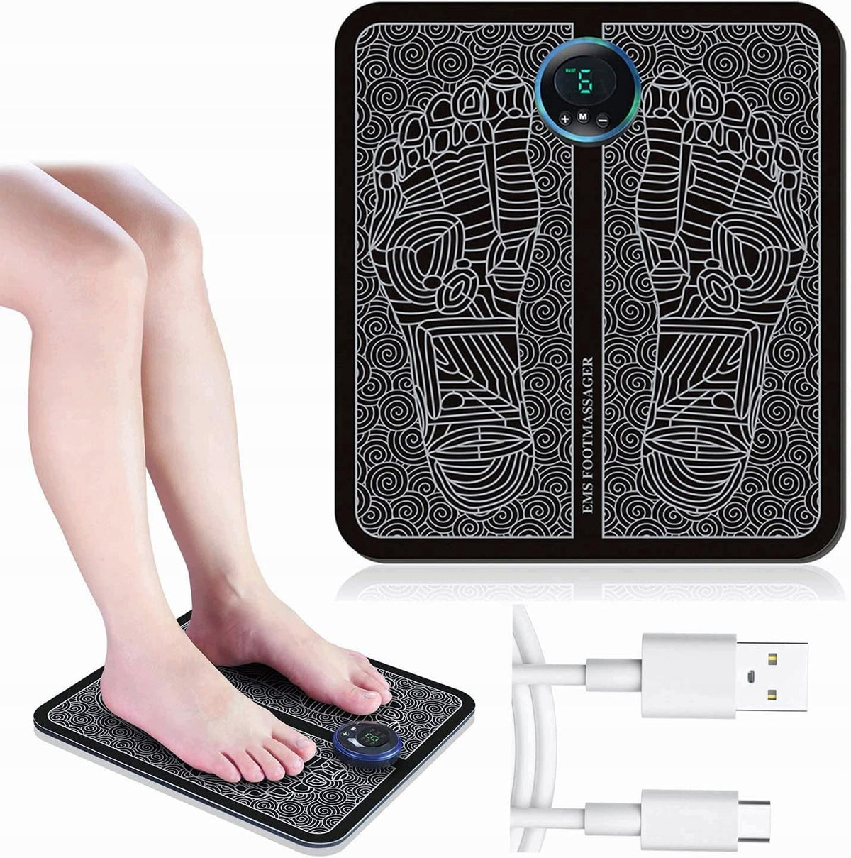 EMS Electrostimulator Foot Massager LCD Mat 8 Modes USB Black