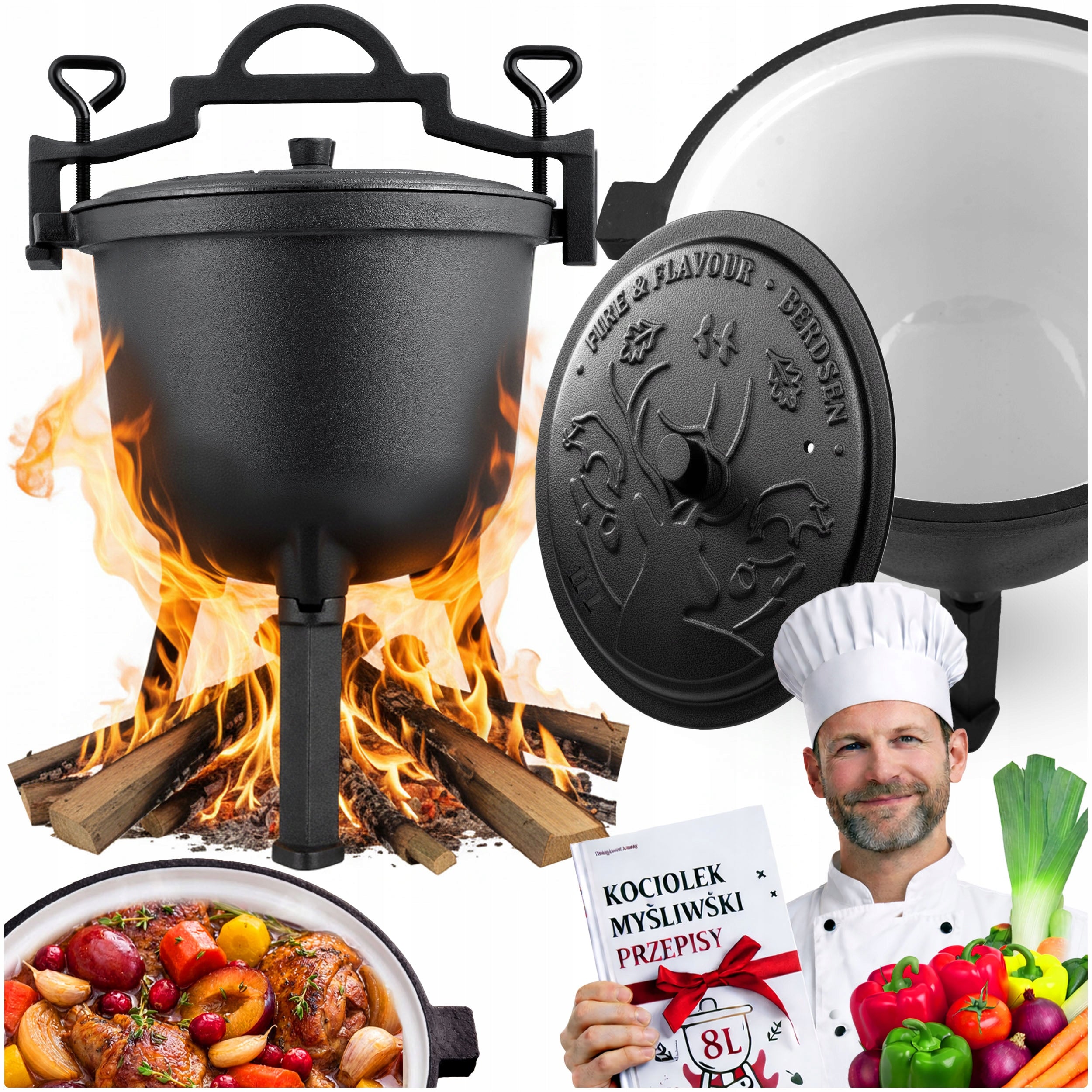 ENAMEL POT CAST IRON ENAMEL BOILER 11l for fireplace grill DURABLE