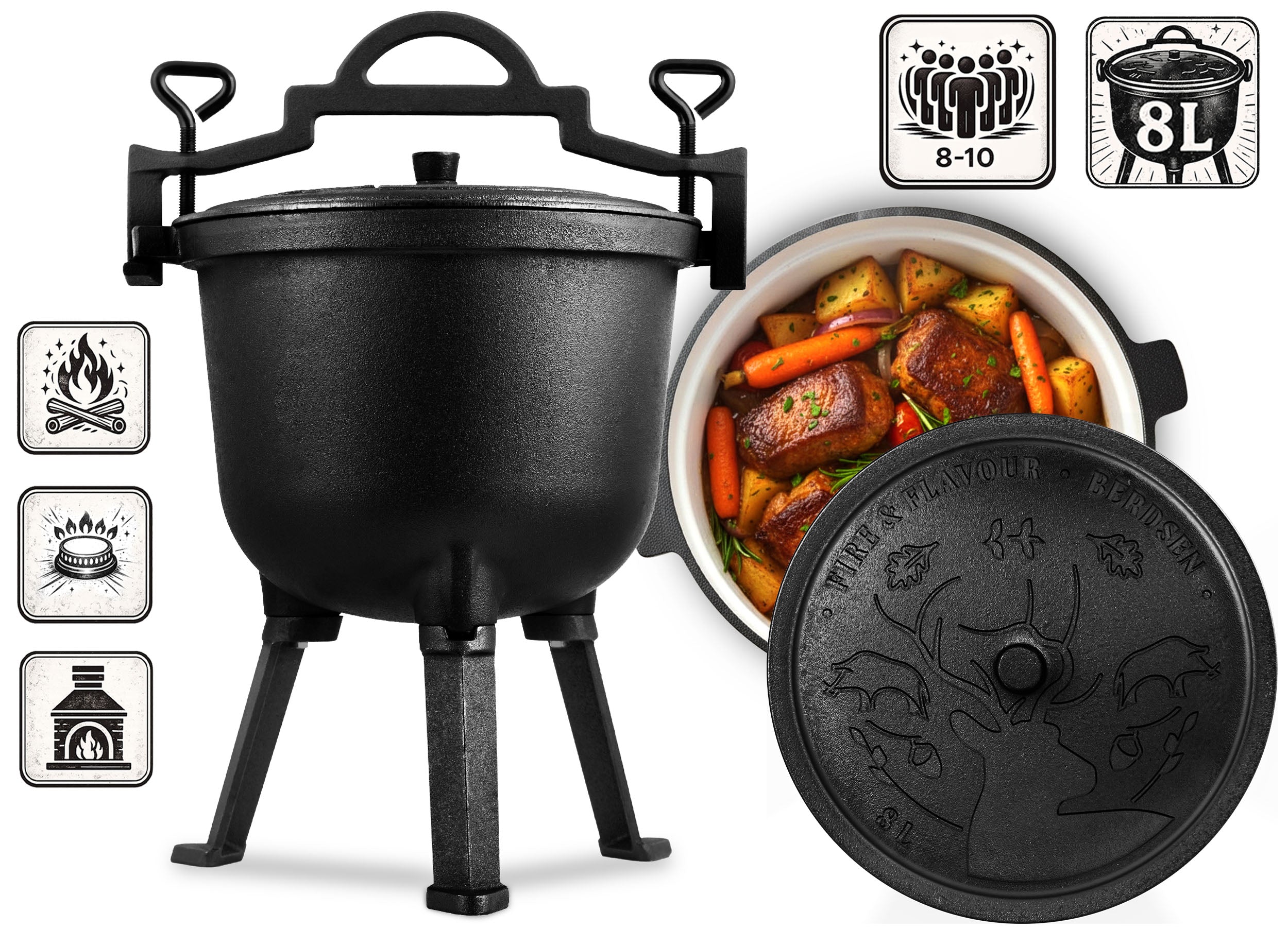 ENAMEL POT CAST IRON ENAMEL BOILER 8l for fireplace grill +RECIPES Kind standing
