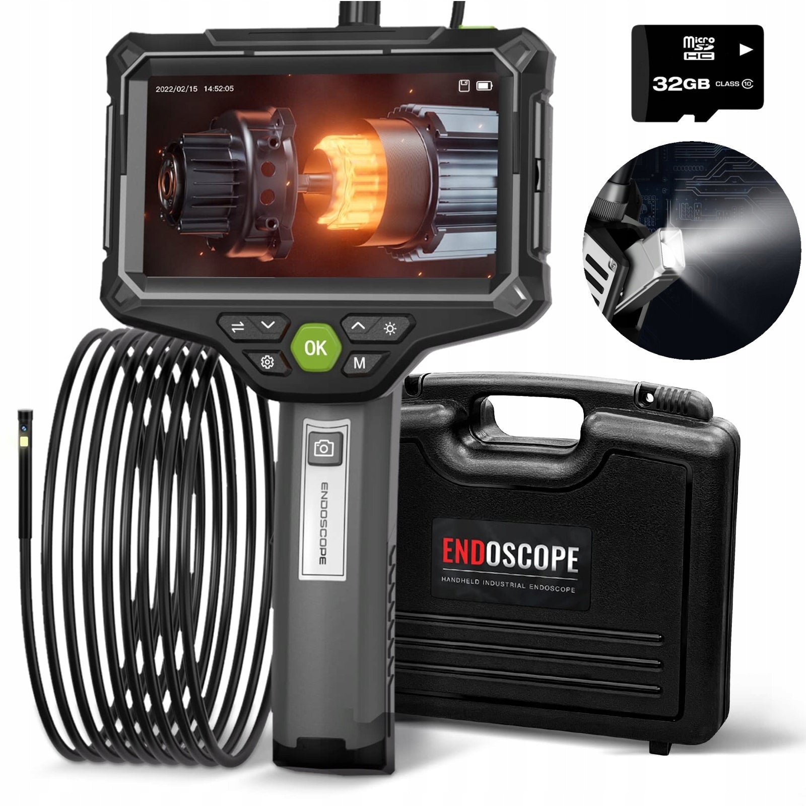 ENDOSCOPE INSPECTION CAMERA RIGID 5M CABLE DUAL 5,5mm 9LED 32GB SD 5M