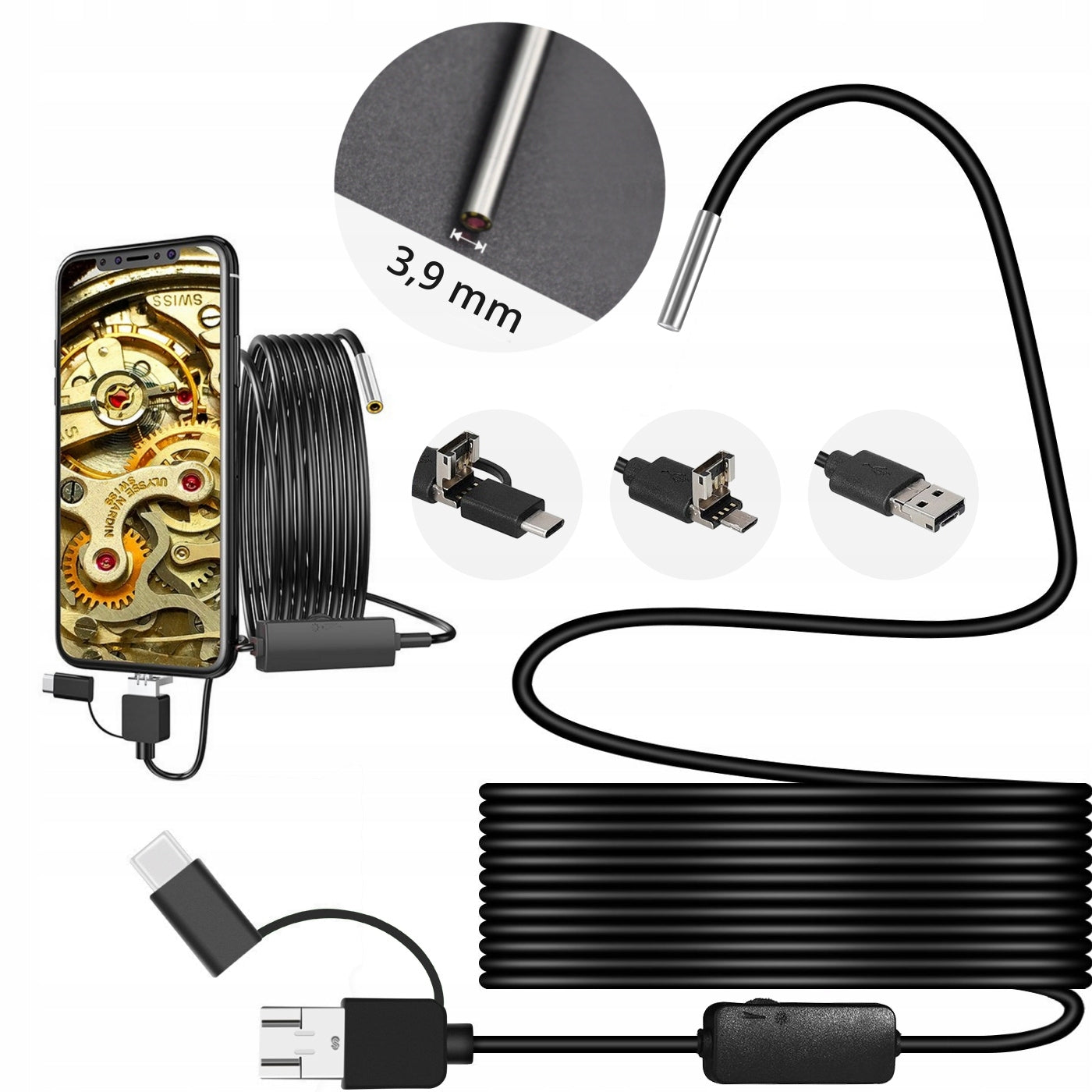ENDOSCOPIC INSPECTION CAMERA ANDROID PC APP USB-C 3.9mm 3.5m 6 LED IP67
