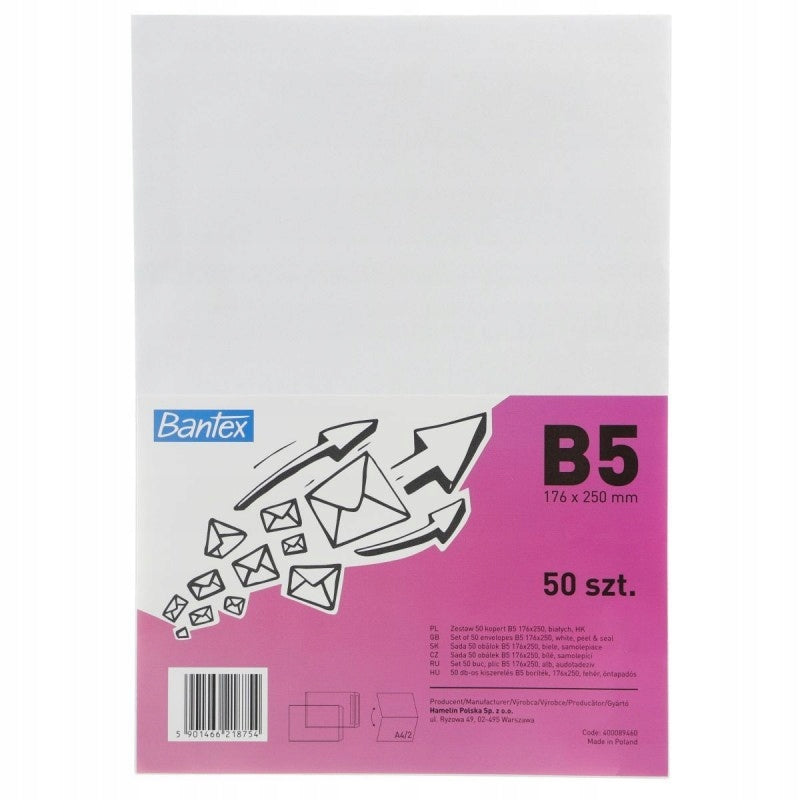 ENVELOPE WITHOUT WINDOW B5 176 x 250 mm WHITE 50 PCS
