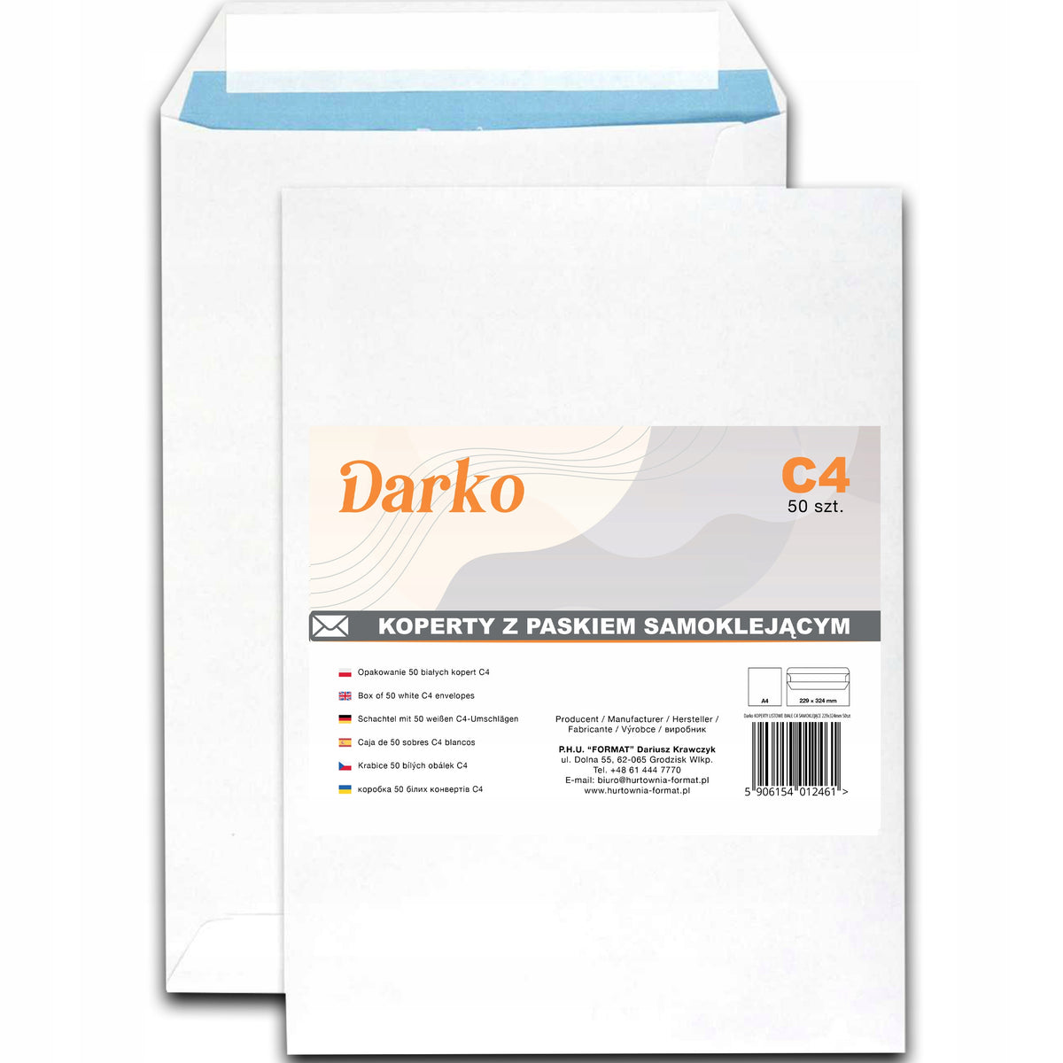 ENVELOPES C4 LETTER OFFICE WHITE PACKAGING 50PCS DARKO SELF-ADHESIVE 229x324