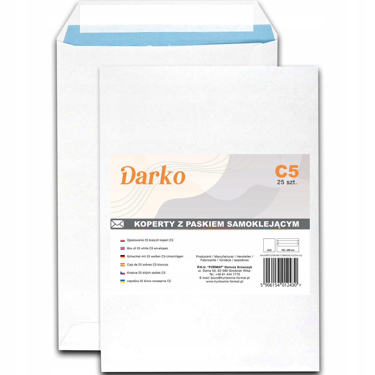 ENVELOPES C5 LETTER OFFICE WHITE PACKAGING 25PCS DARKO SELF-ADHESIVE 162x229