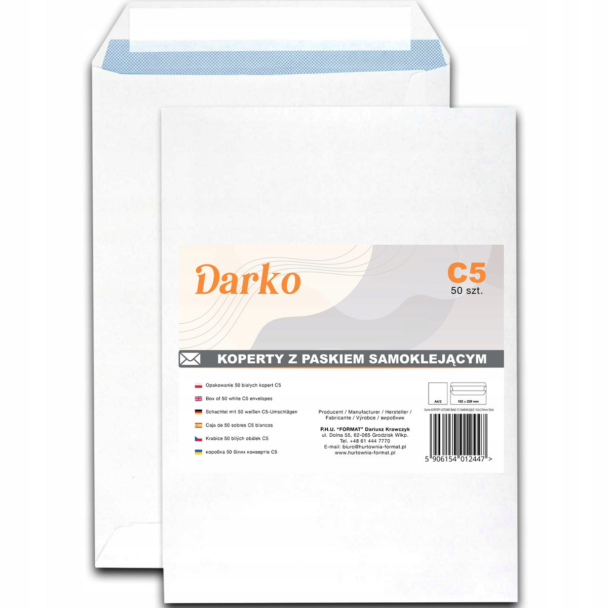 ENVELOPES C5 LETTER OFFICE WHITE PACKAGING 50PCS DARKO SELF-ADHESIVE 162x229