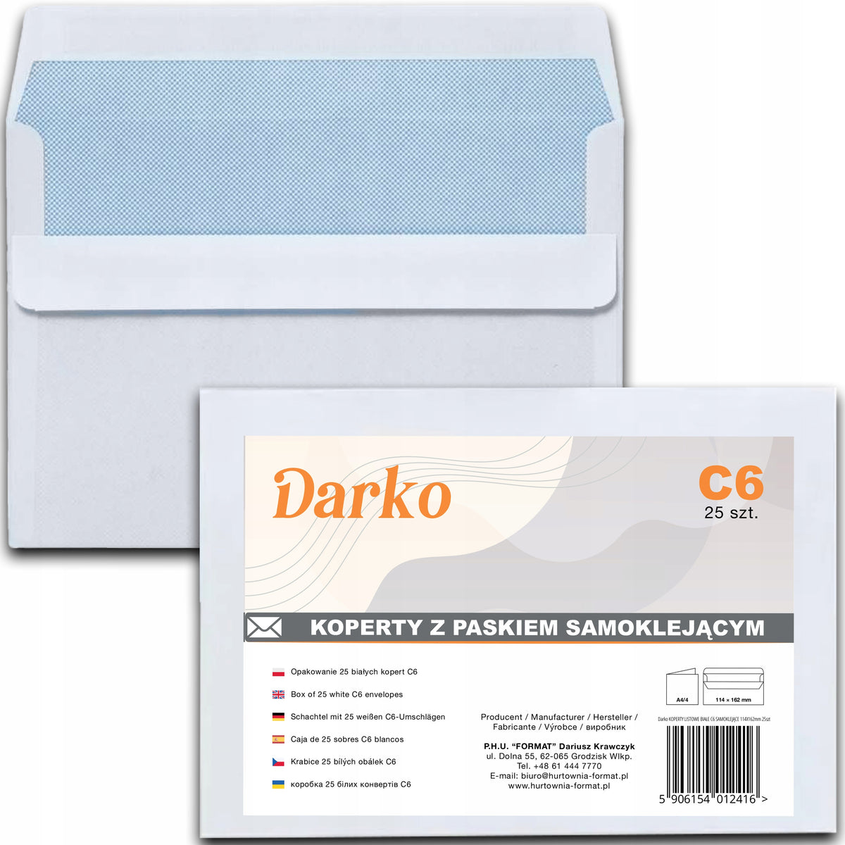 ENVELOPES C6 LETTER OFFICE WHITE PACKAGING 25PCS DARKO SELF-ADHESIVE 114x162
