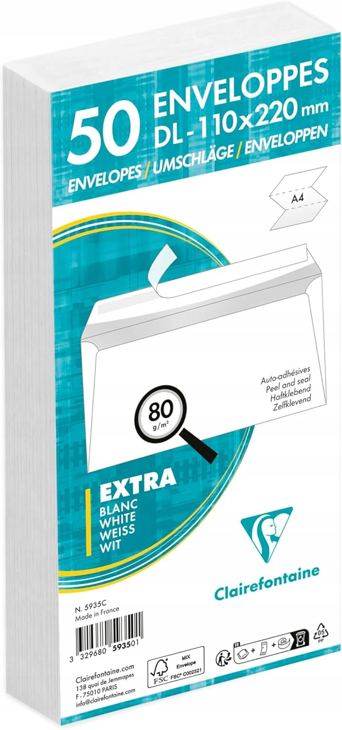ENVELOPES DL WHITE SELF-ADHESIVE 110X220MM 50PCS 80G/M²