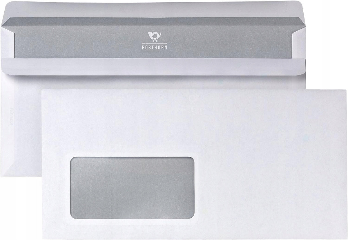 ENVELOPES WITH WINDOW 600 PCS WHITE SELF-ADHESIVE POSTHORN 110 X 220 MM
