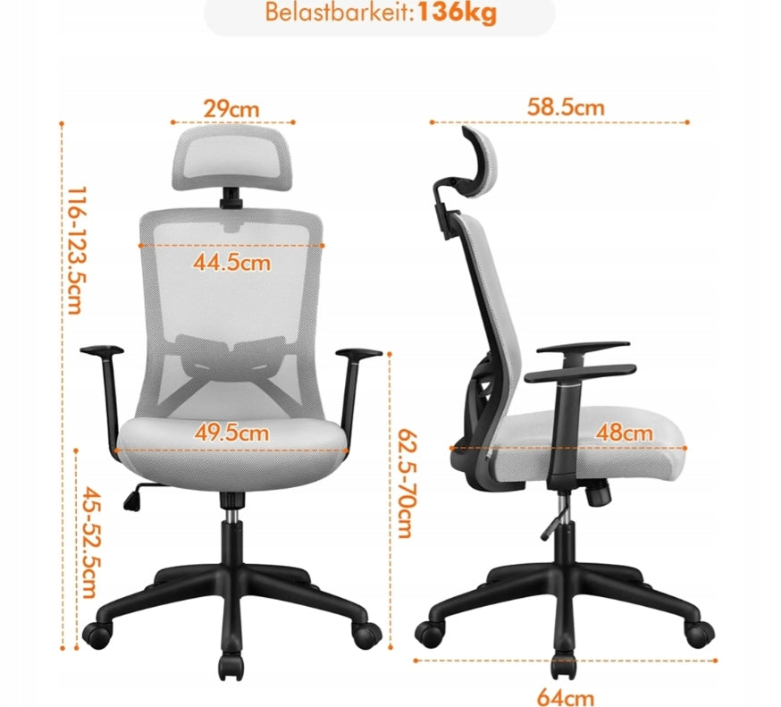 ERGONOMIC OFFICE SWIVEL CHAIR ON WHEELS GREY ARMRESTS COMFORTABLE Brand Yaheetech