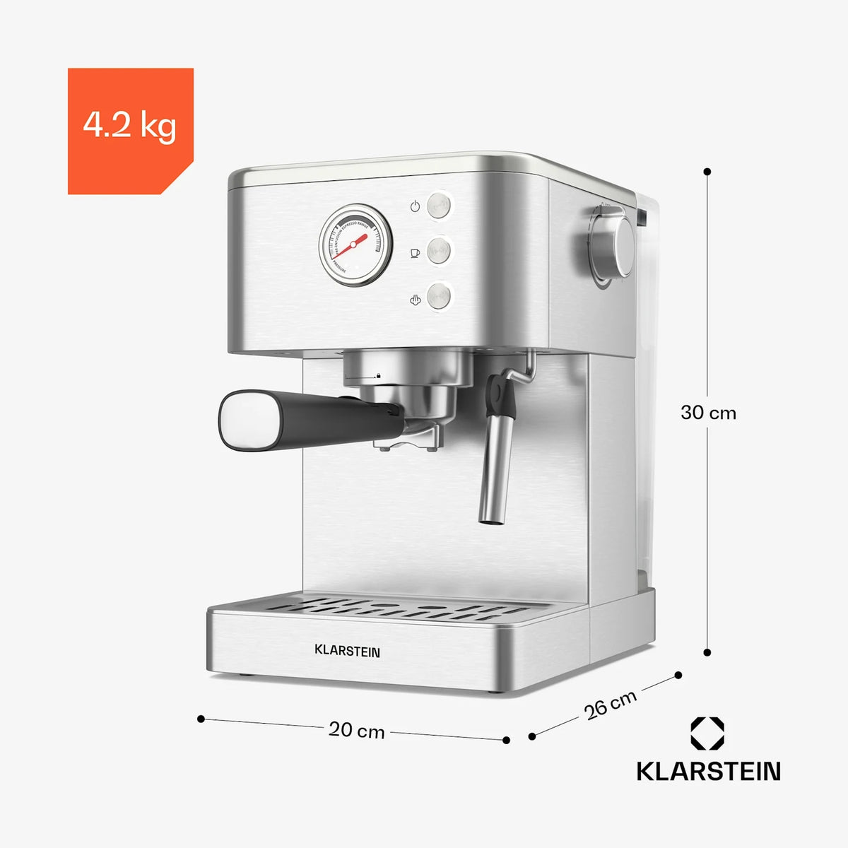 ESPRESSO MACHINE FOR COFFEE KLARSTEIN 20 BAR 1,5L 1 CUP PRESSURE GAUGE Model SteelPresso