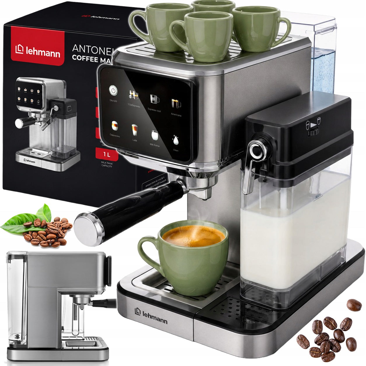 ESPRESSO MACHINE FOR COFFEE WITH A CONTAINER FOR FLASK MILK + CAPSULES
