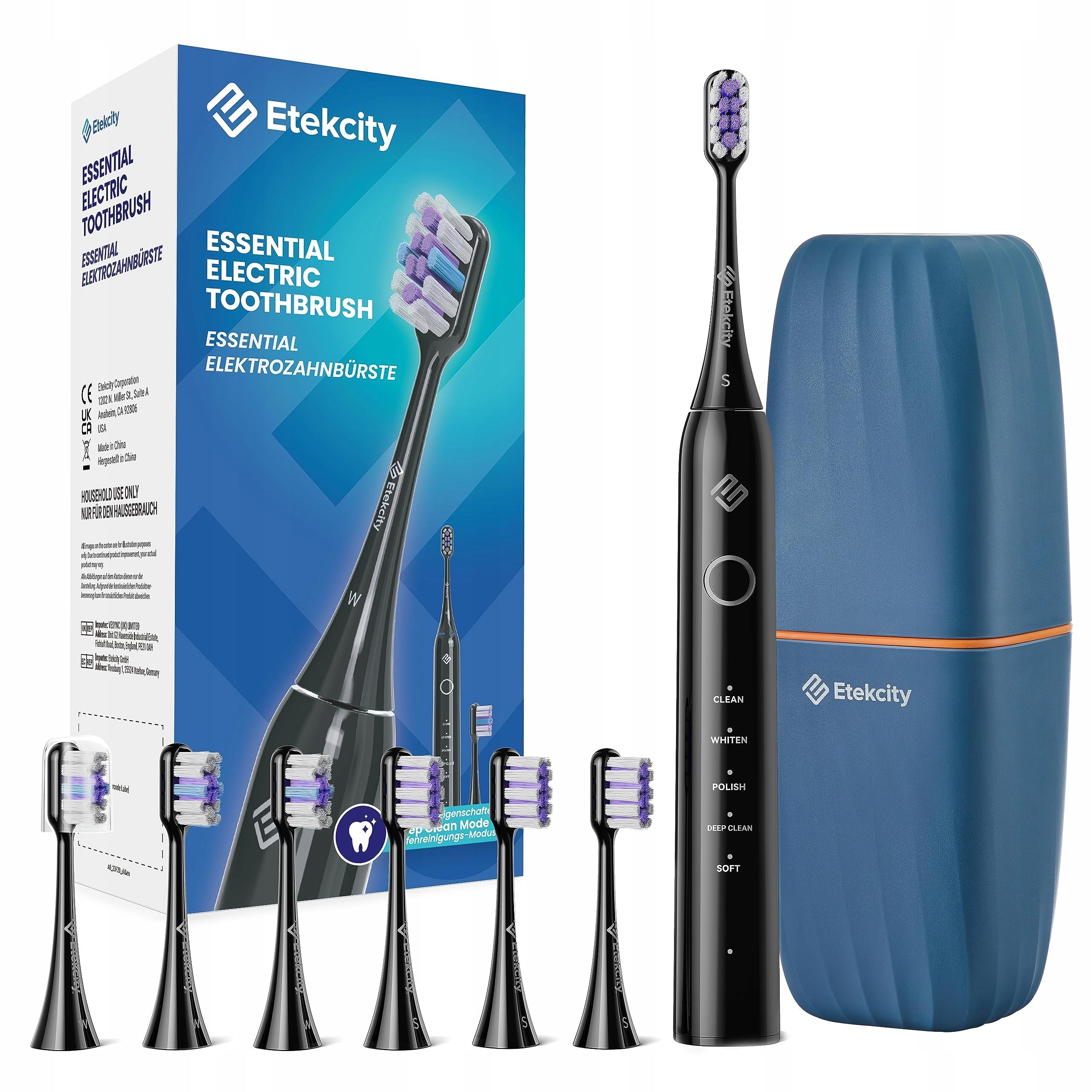 ETEKCITY Electric Sonic Toothbrush 6 Heads 5 Modes Black