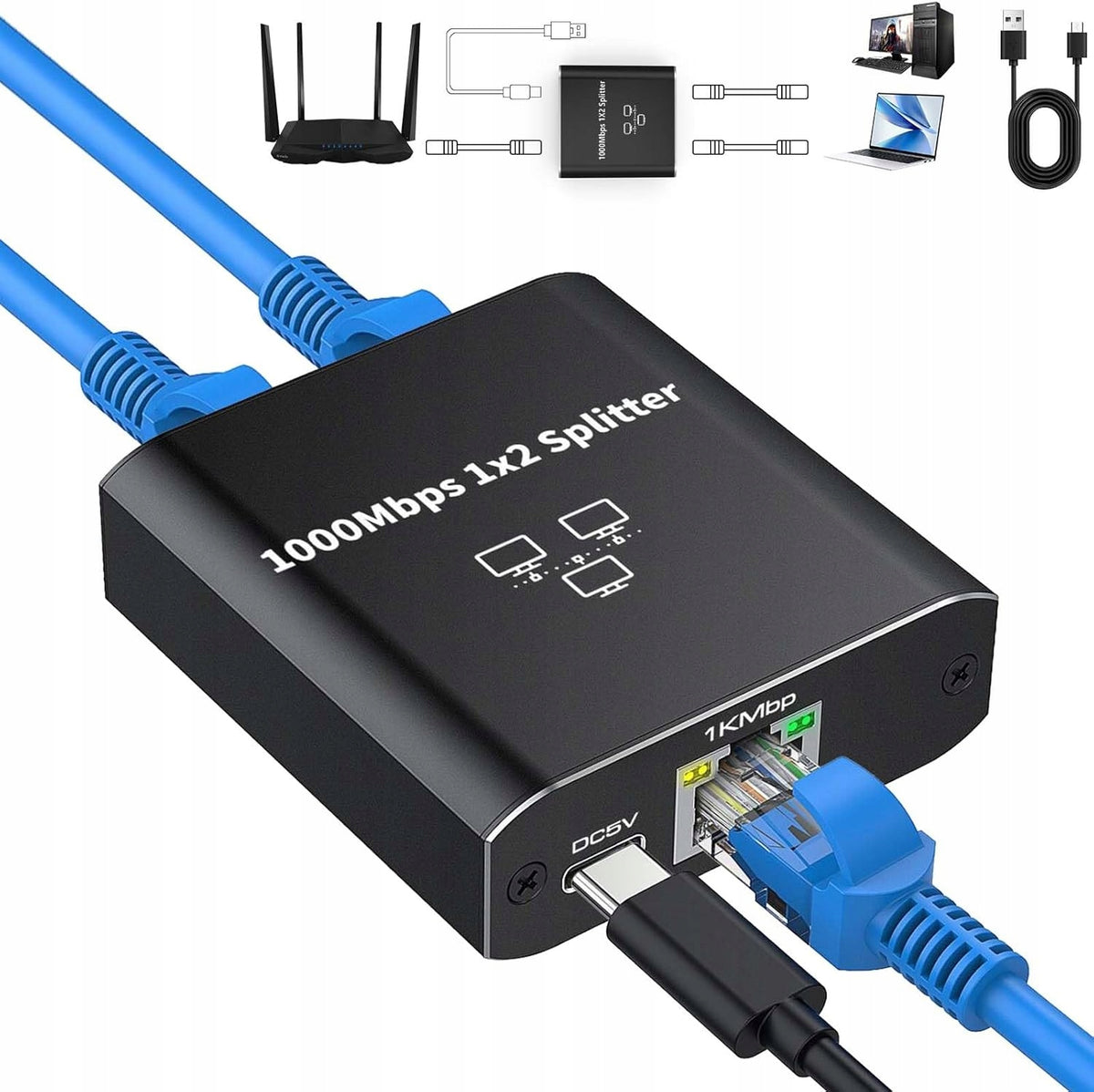 ETHERNET SPLITTER 1 TO 2 RJ45 GIGABIT 1000MB/S USB-C