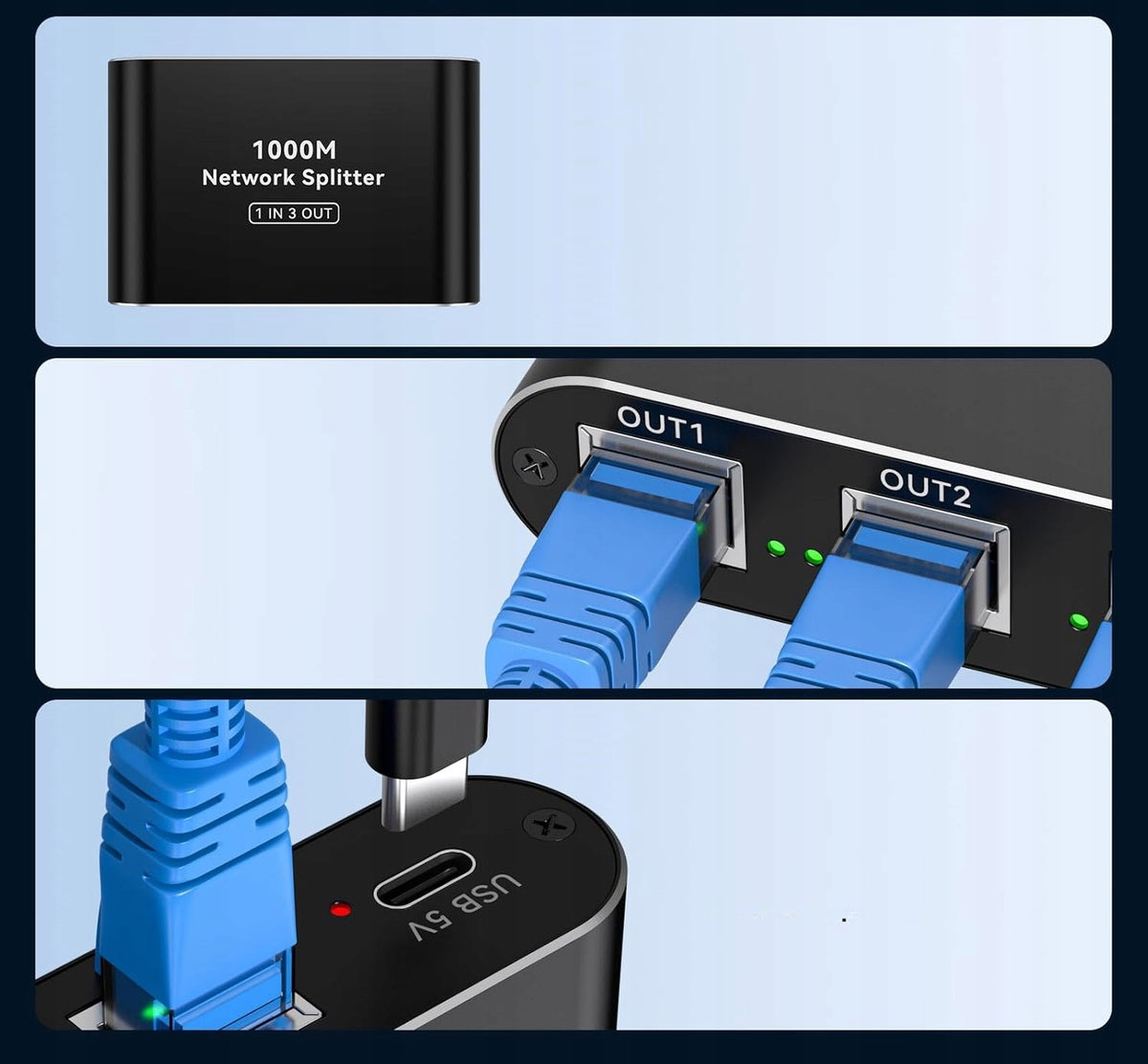 ETHERNET SPLITTER 1 TO 3 RJ45 1000 MB/S USB C POWER CABLE Number of ports 3
