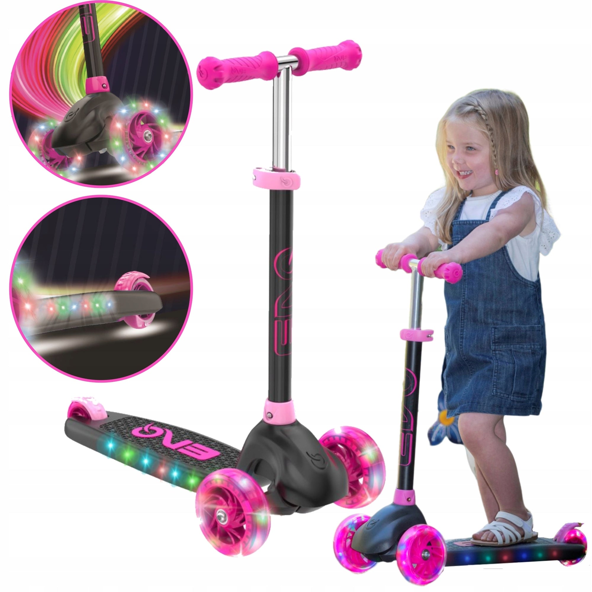 EVO ADJUSTABLE THREE-WHEELED SCOOTER FOR CHILDREN GLOWING WHEELS PLATFORM PINK