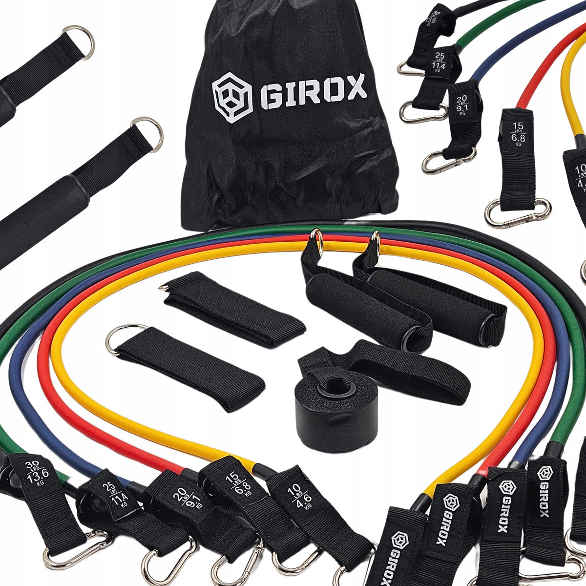 EXERCISE RESISTANCE RUBBERS WITH HOOK HANDLES SET OF 5 RESISTANCE RUBBERS UP TO 45 KG