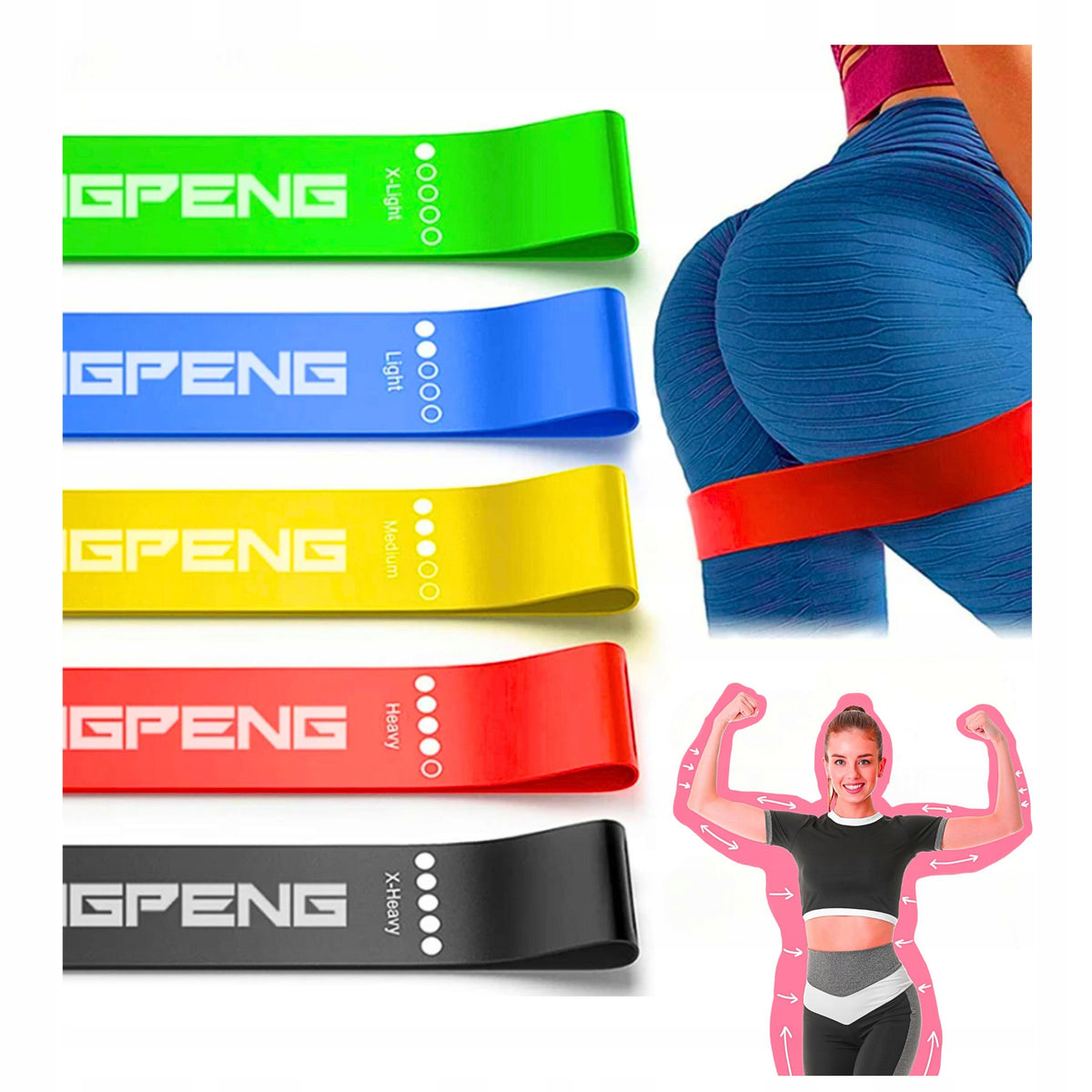 EXERCISE RUBBER RESISTANCE BANDS SET OF 5 DIFFERENT LOADS WITH DESCRIPTION