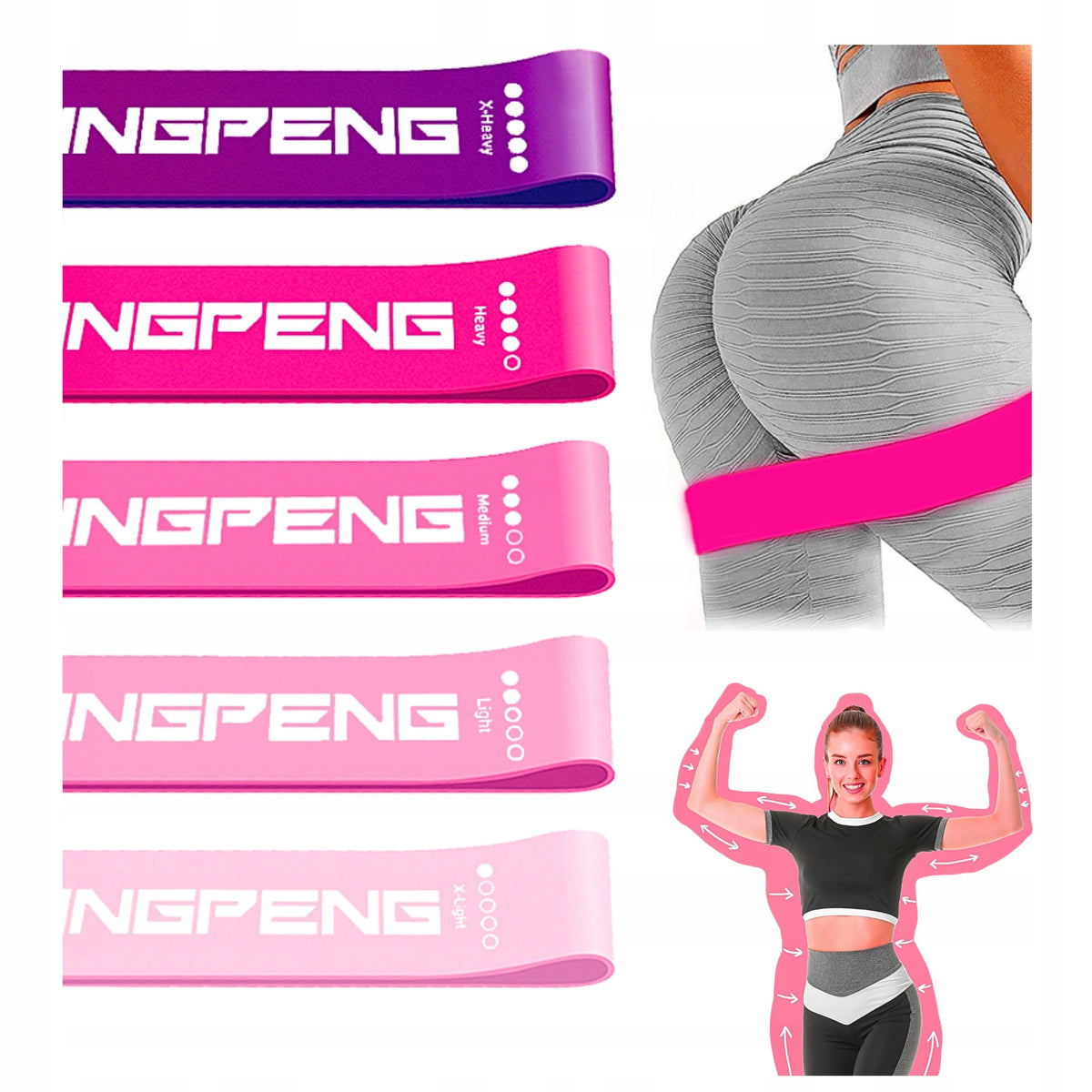 EXERCISE RUBBER RESISTANCE BANDS SET OF 5 WITH DESCRIPTION PINK