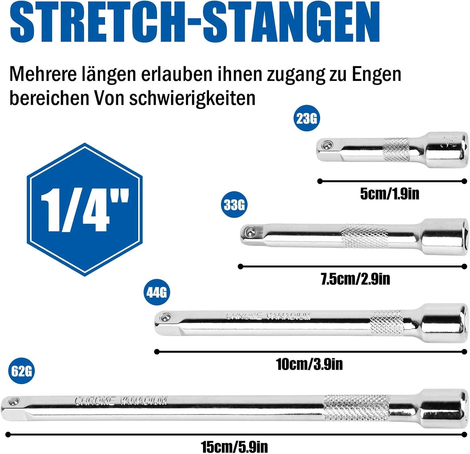 EXTENSION CABLE 1/4" SOCKET WRENCH SET 4-CZ 50-150MM CHROME Manufacturer code PRZEDŁUŻACZ KLUCZ NASADOWY 1/4 CALA ZEST