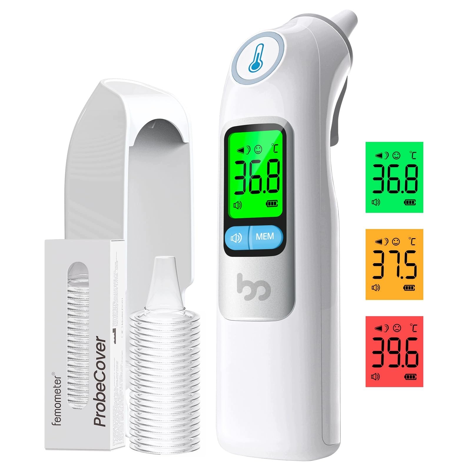 Ear thermometer 30 memory, 3-color fever alarm, 21 probe covers