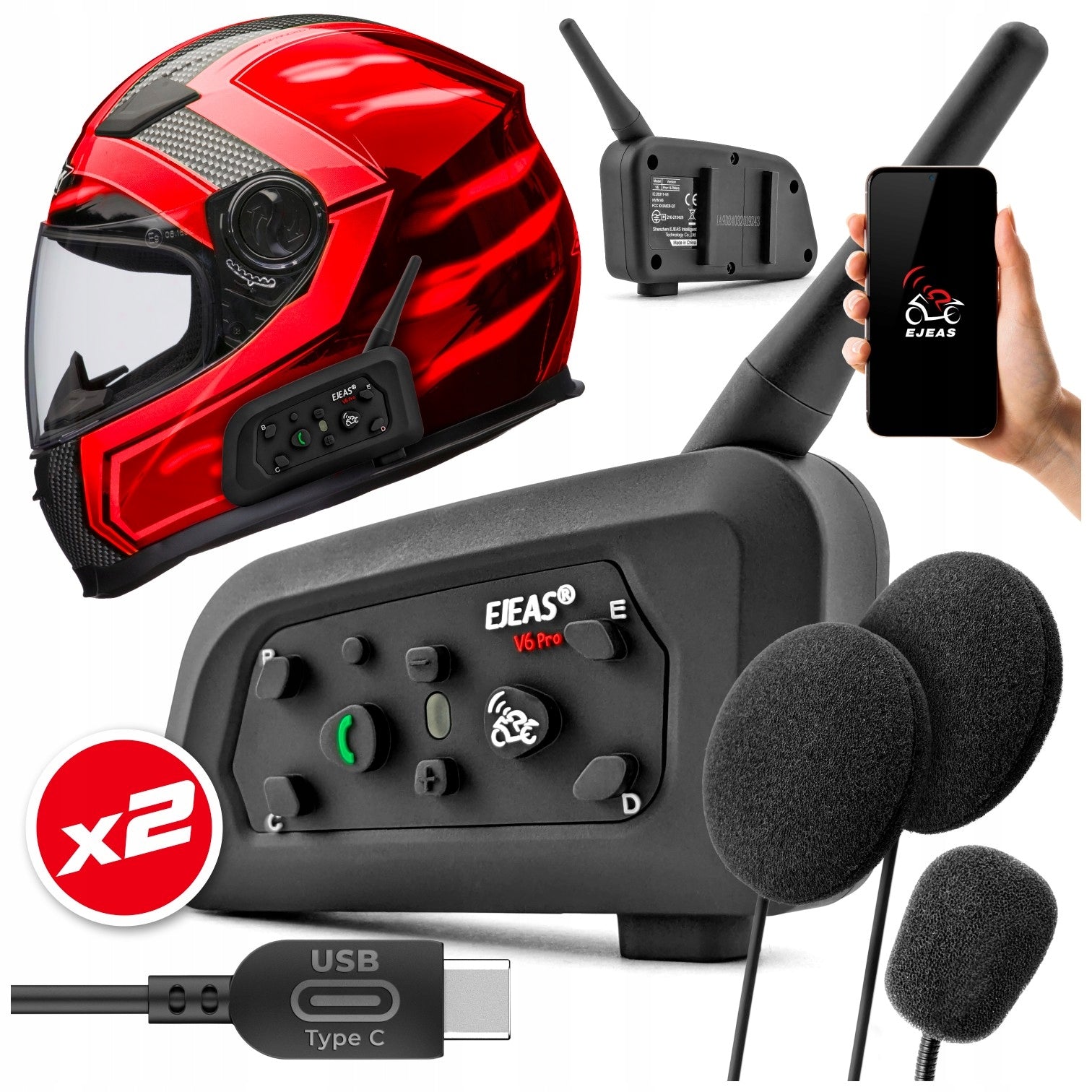 Ejeas Motorcycle Intercom V6 Pro Plus for 2 USB-C Bluetooth Helmets App