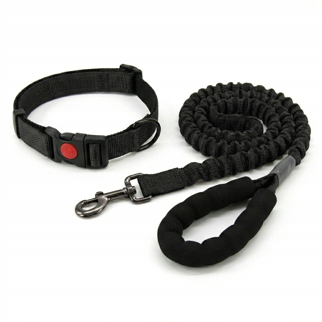 Elastic Lanyard Set with Shock Absorber and Dog Collar Black 1.2m