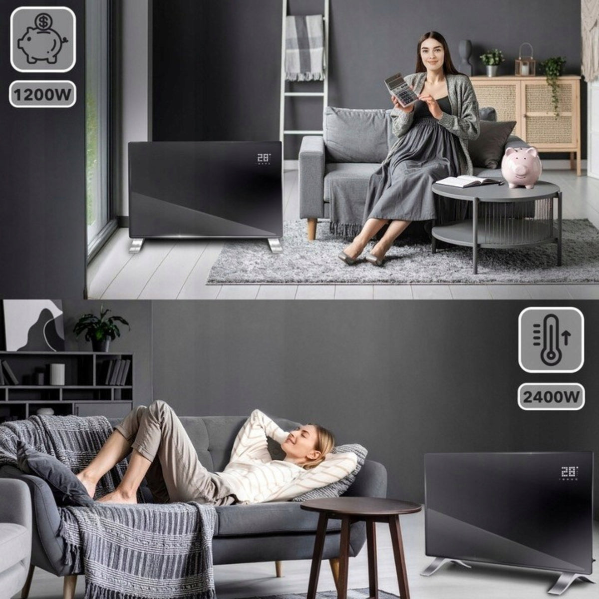Electric Convector Heater Energy Saving Glass LED Black 2400W Brand no brand