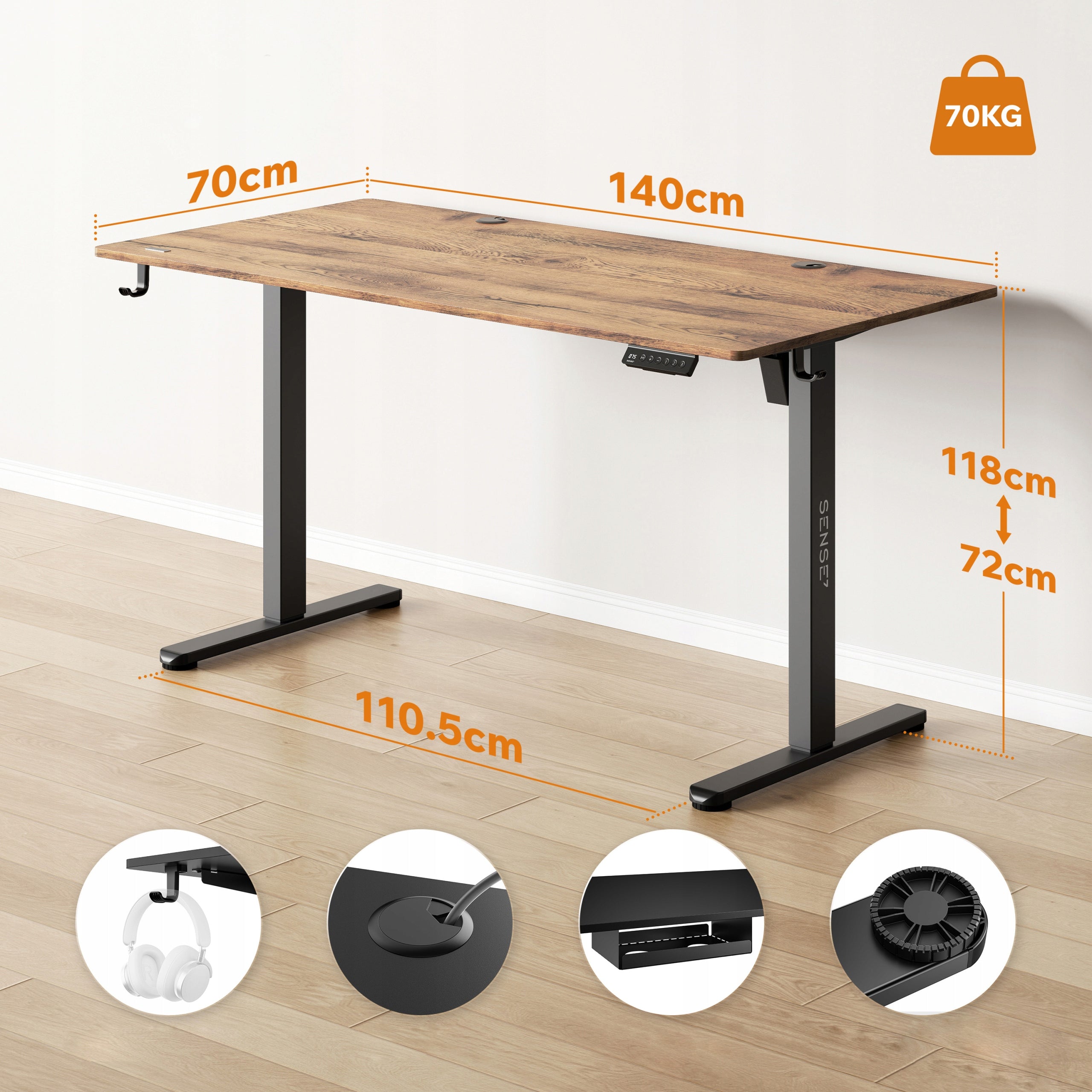 Electric Desk Adjustable 140x70cm Height Adjustment 72-118cm SENSE7 Manufacturer code 13258026