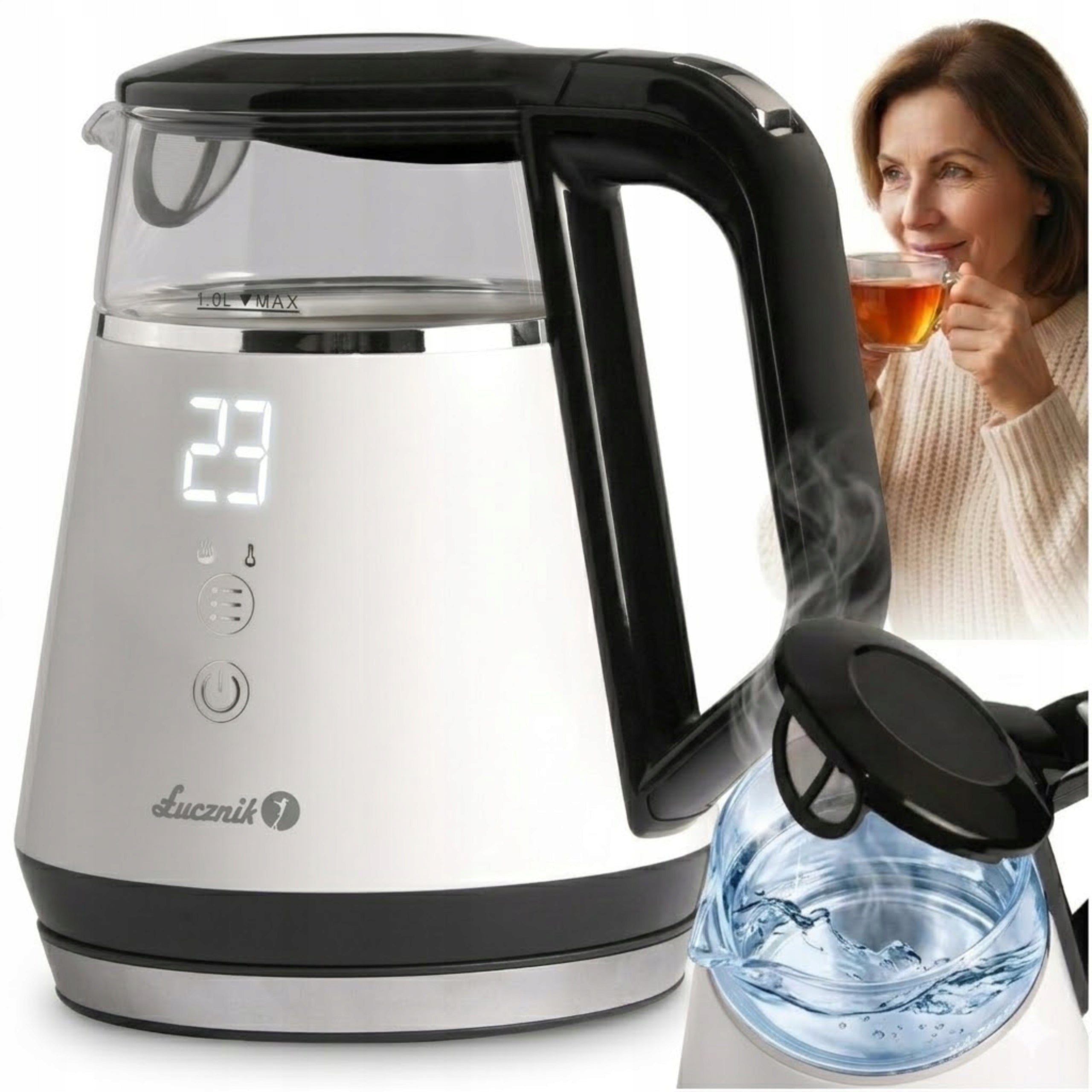 Electric Glass Kettle with Temperature Control ŁUCZNIK 1L Small White