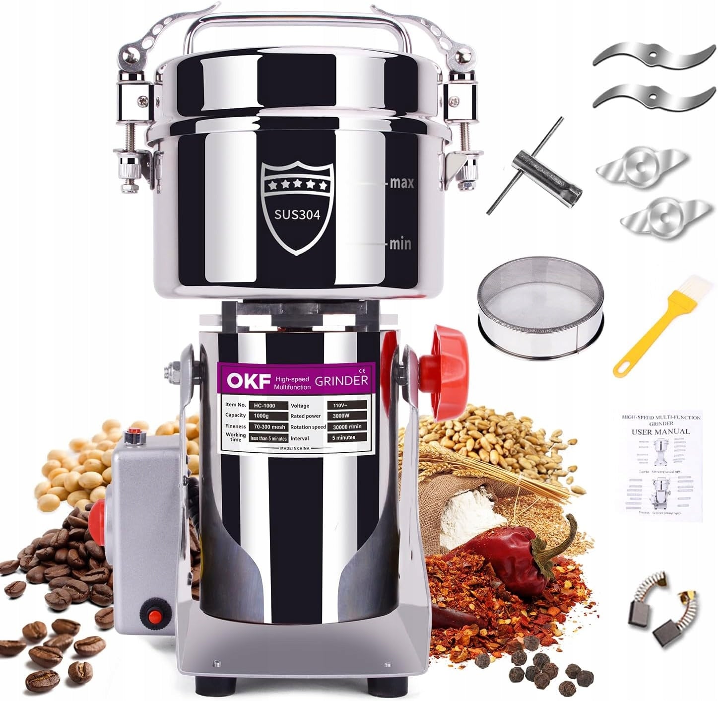Electric Grain and Spice Grinder Stainless Steel 304 - 3000W - 1000g