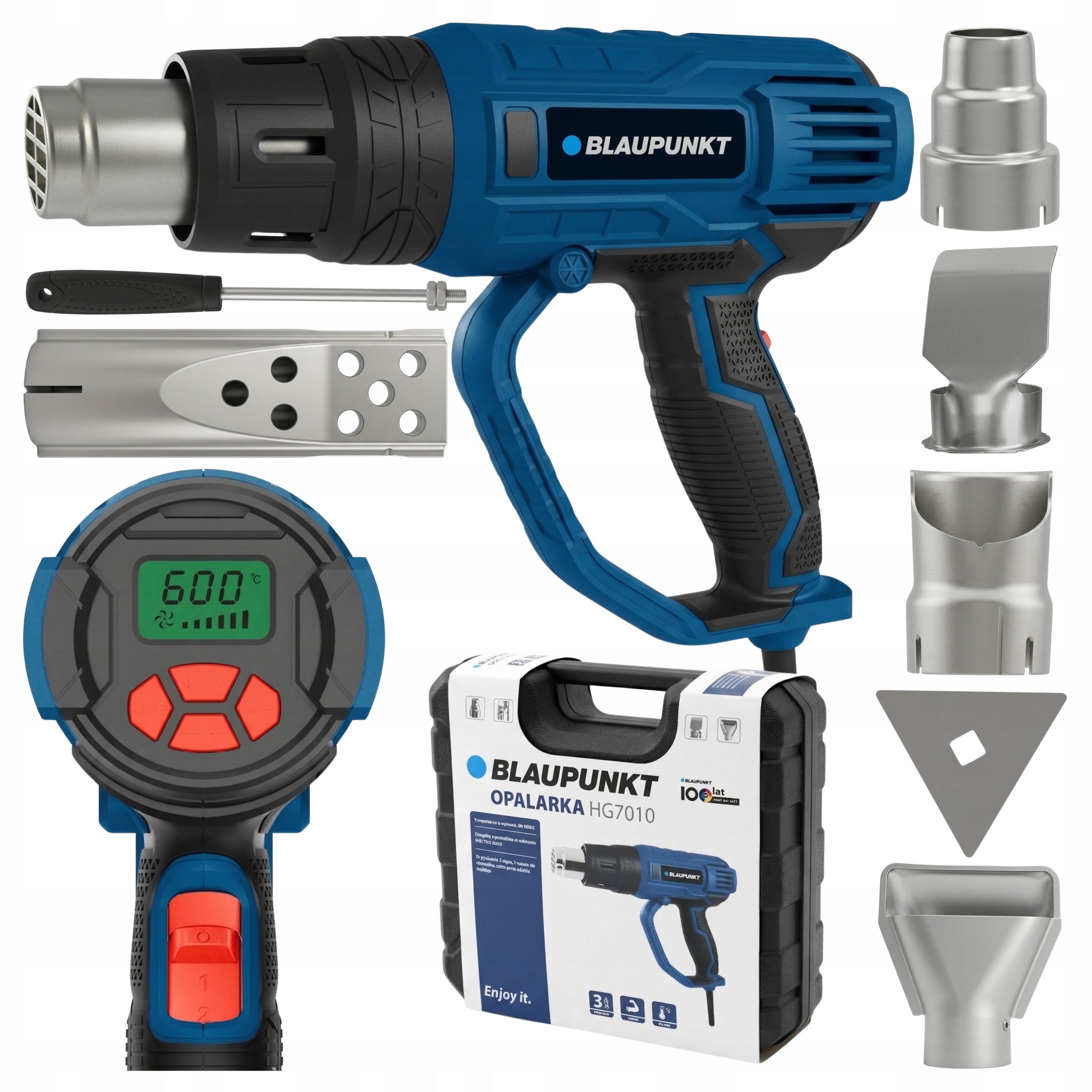 Electric Heat Gun BLAUPUNKT 2000W LCD 600C 5 Nozzle Case Temp Adjustment