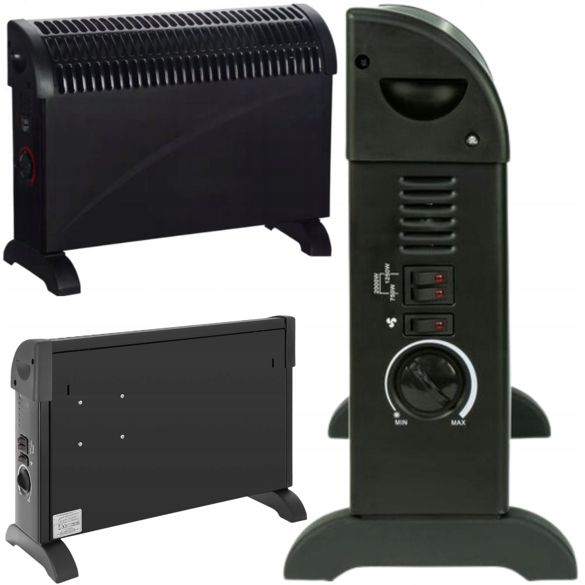 Electric Heater Convector Thermostat 750W 1250W 2000W Black 3 Modes