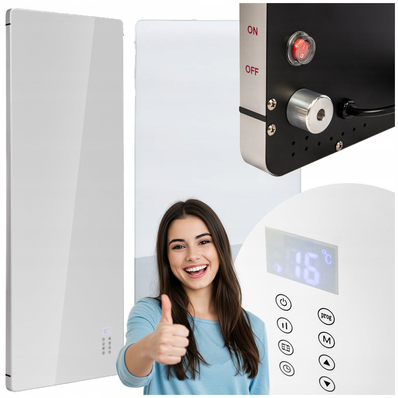 Electric Heater Tempered Glass 800W Wall Mounted XL Energy Efficient White
