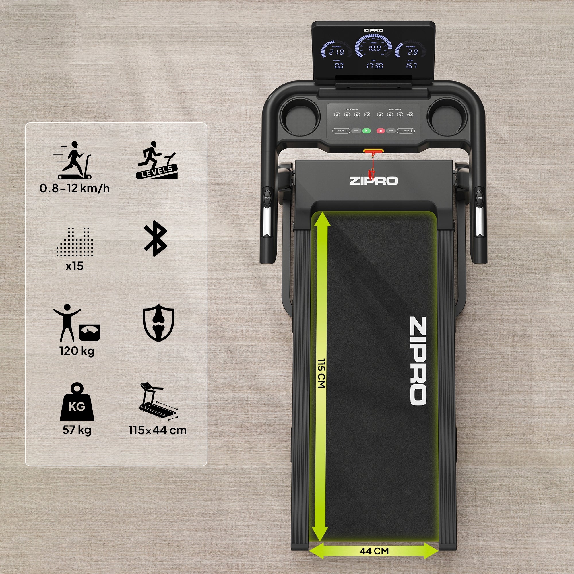 Electric Home Treadmill Folding Luma Belt Inclination Shock Absorption Zipro Measurements training duration distance speed pulse burned calories