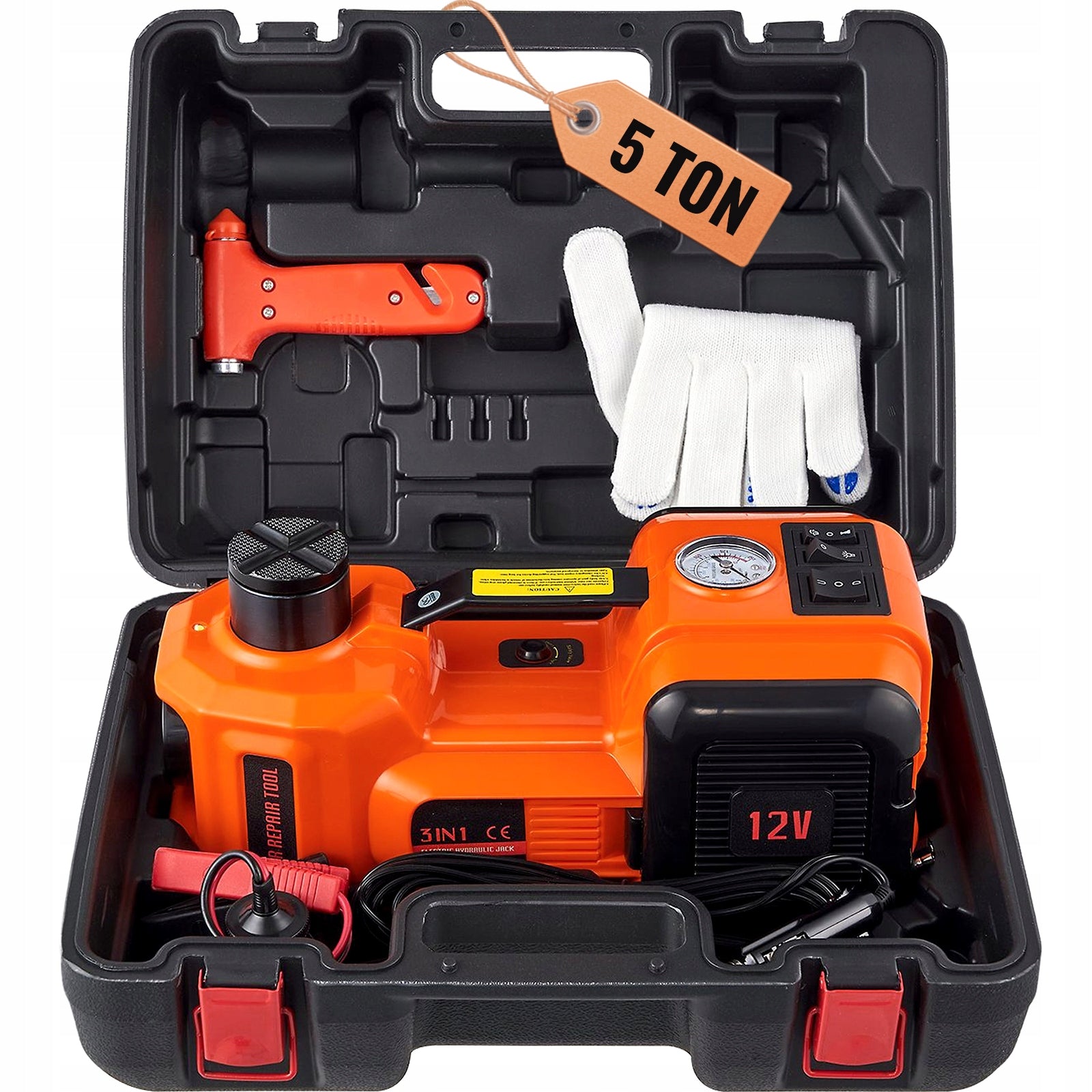 Electric Hydraulic Car Floor Jack 5 Ton 12V Built-in Tire Inflator Pump