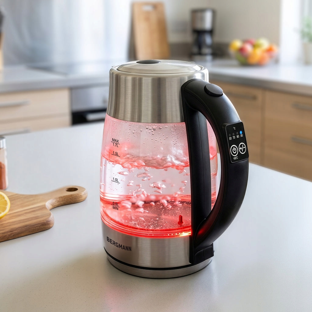 Electric Kettle Glass 1,7L BERGMANN 2200W ADJUSTABLE LED BACKLIGHT Brand Bergmann