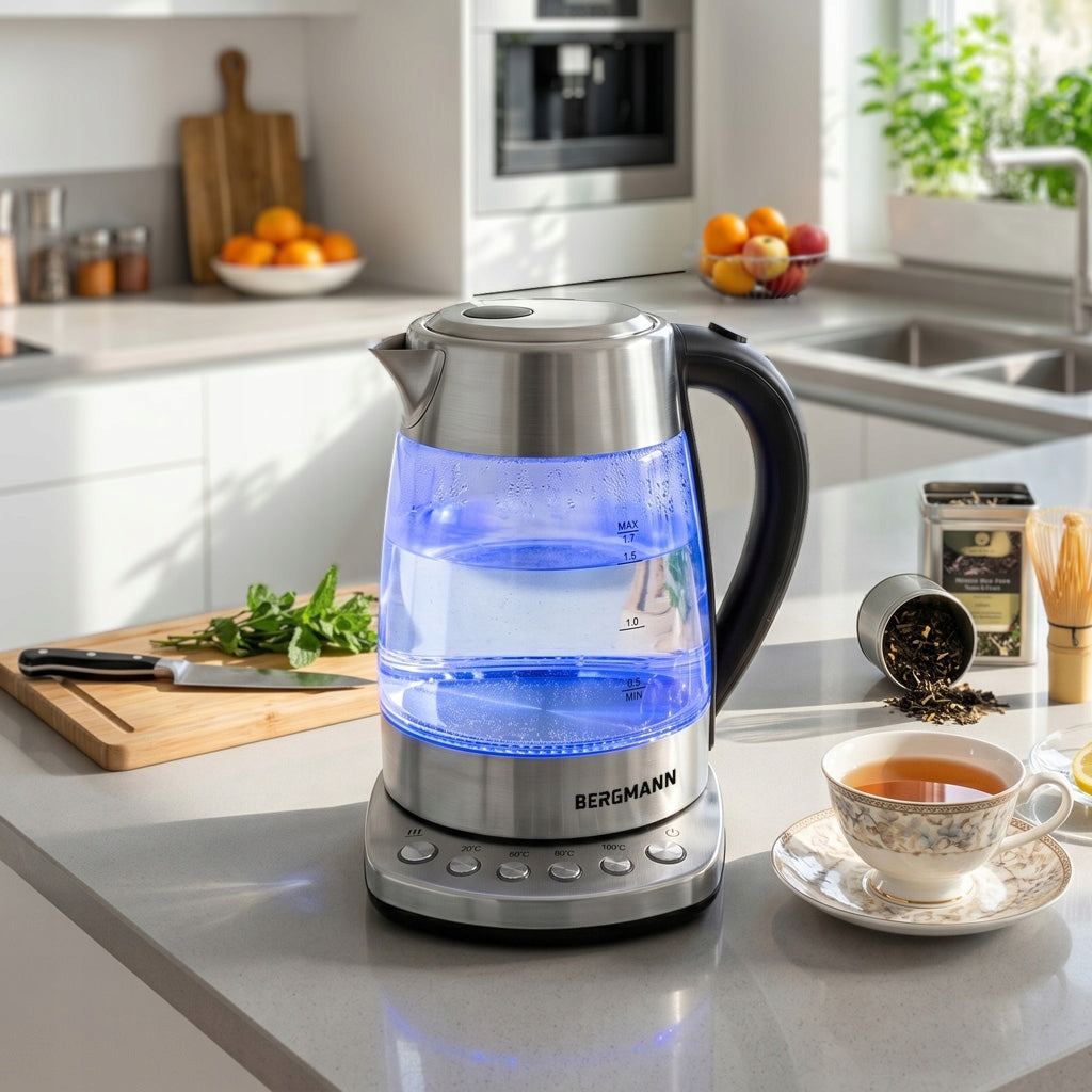 Electric Kettle Glass 1,7L BERGMANN 2200W ADJUSTABLE LED Backlight Packaging status original