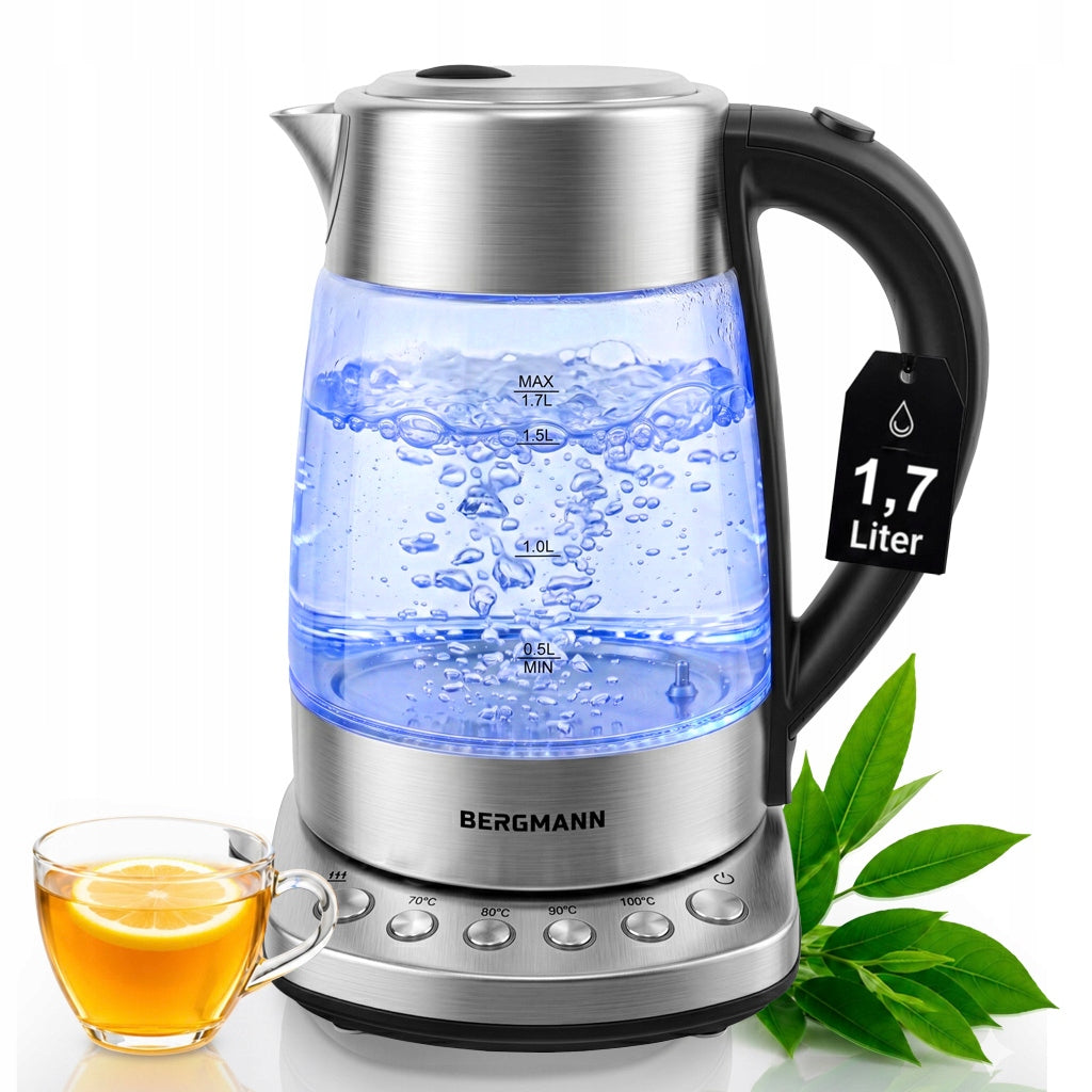 Electric Kettle Glass 1,7L BERGMANN 2200W ADJUSTABLE LED Backlight