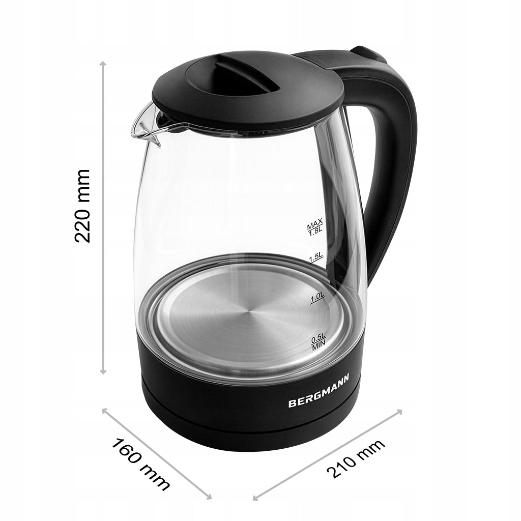 Electric Kettle Glass 1,8L BERGMANN 2200W LED Backlight Packaging status original
