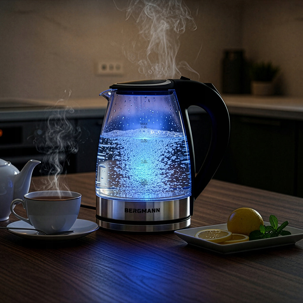 Electric Kettle Glass 1,8L BERGMANN 2200W LED Button Cover Model ZH003