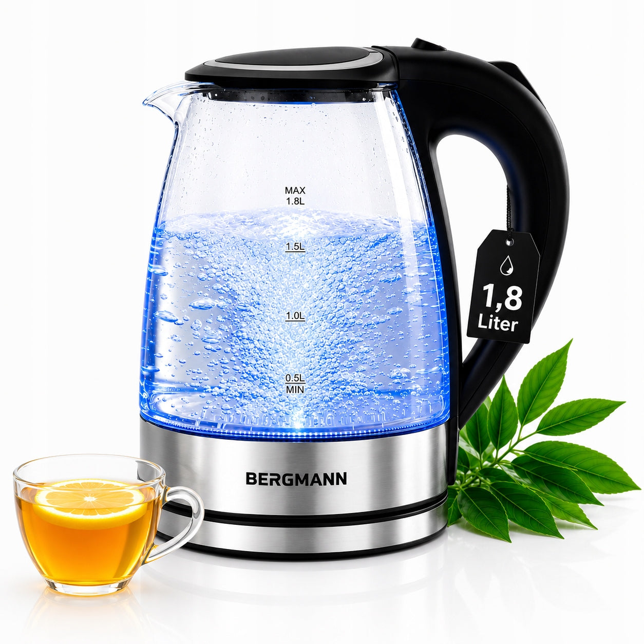 Electric Kettle Glass 1,8L BERGMANN 2200W LED Button Cover