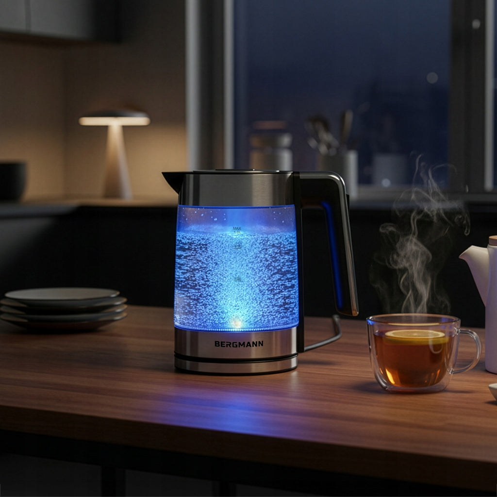 Electric Kettle Glass 1,8L BERGMANN 2200W Wireless LED Silver Capacity 1.8 l