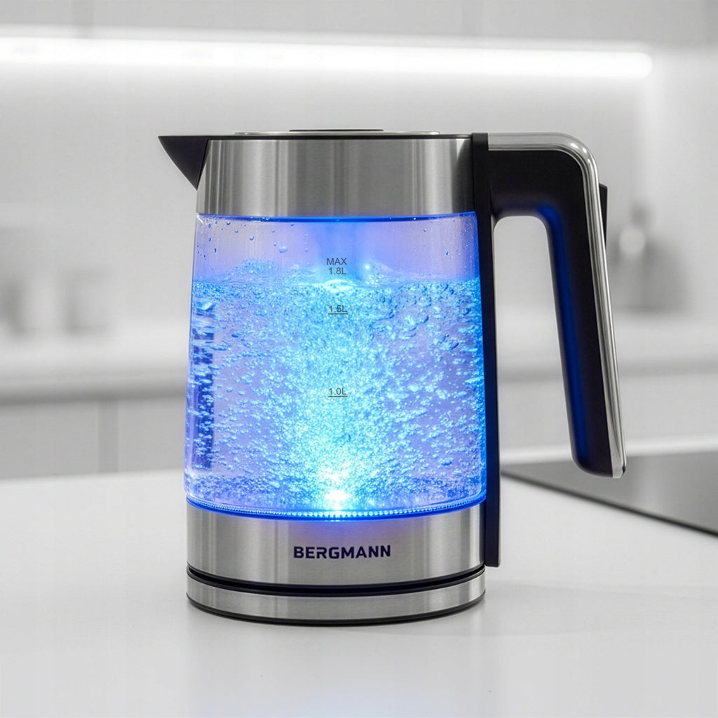 Electric Kettle Glass 1,8L BERGMANN 2200W Wireless LED Silver Model ZH004