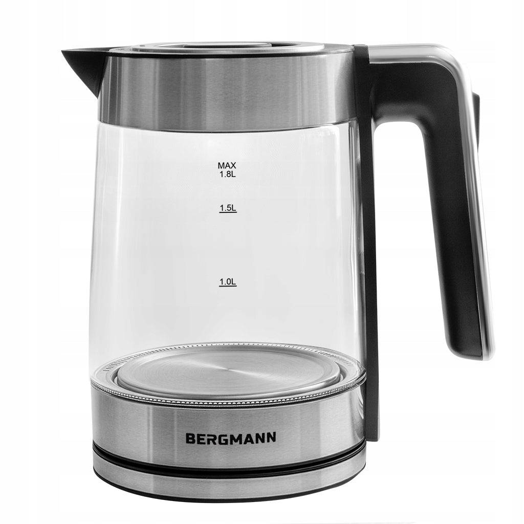 Electric Kettle Glass 1,8L BERGMANN 2200W Wireless LED Silver Packaging status original