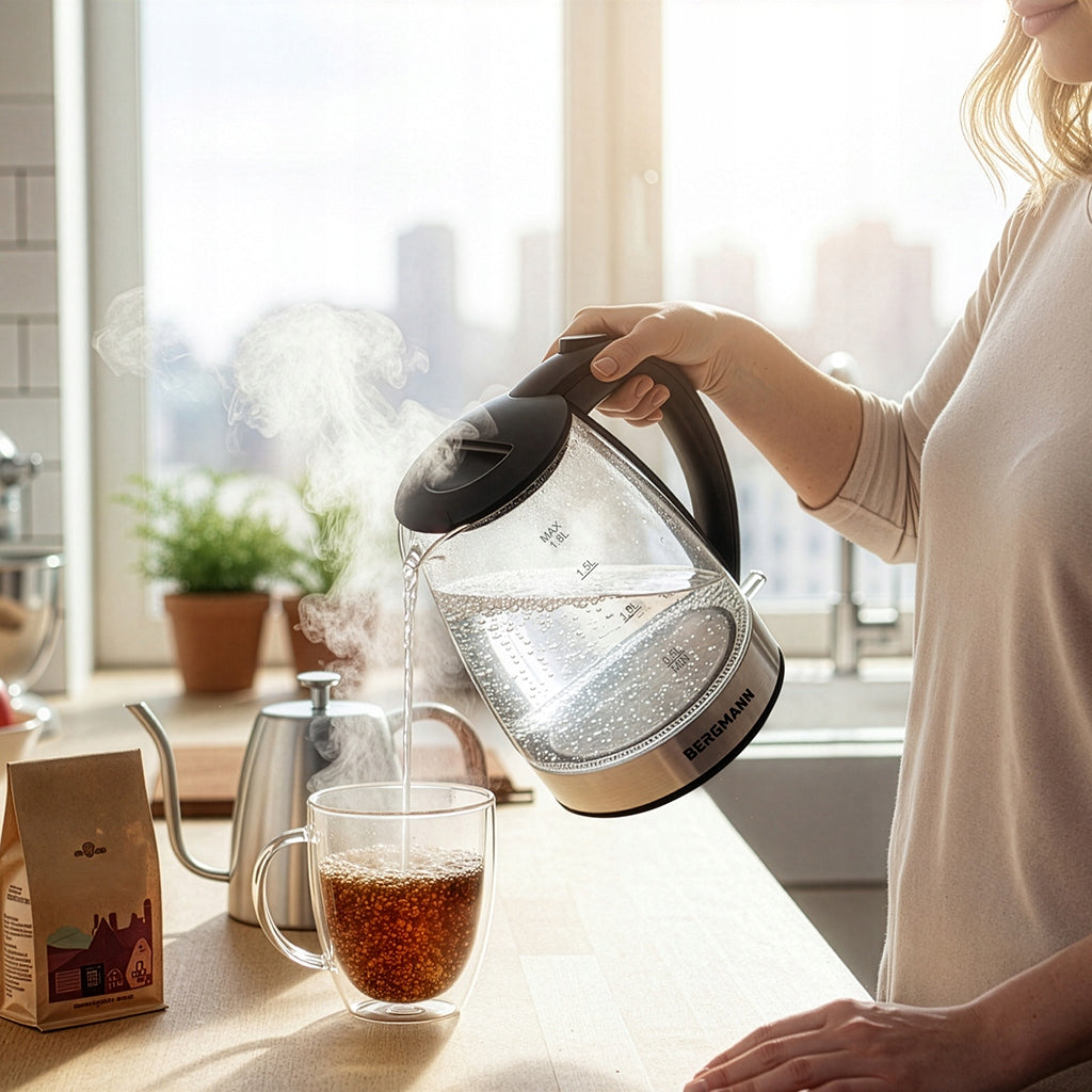 Electric Kettle Glass 1,8L BERGMANN Wireless 2200W LED Dominant color silver/gray
