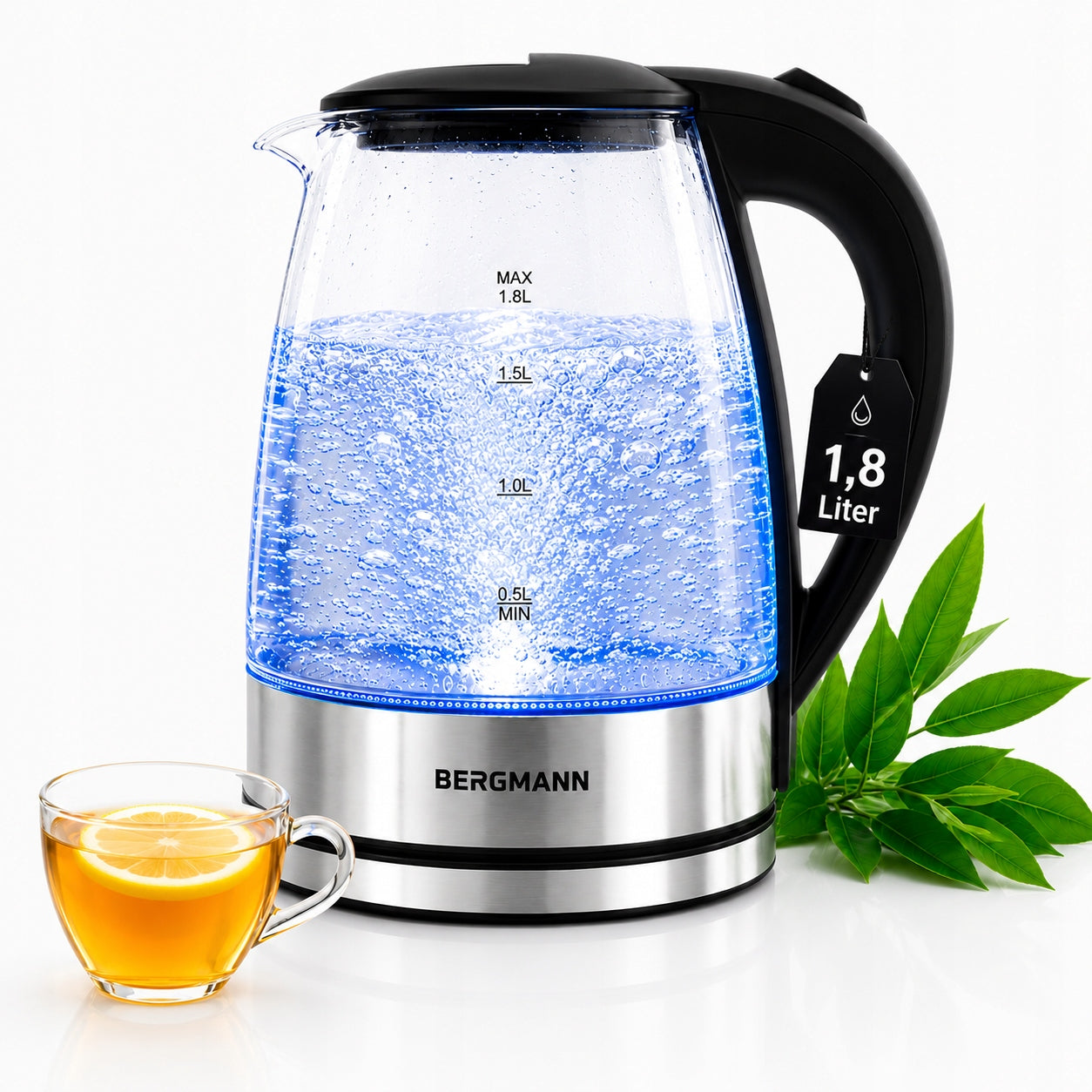 Electric Kettle Glass 1,8L BERGMANN Wireless 2200W LED