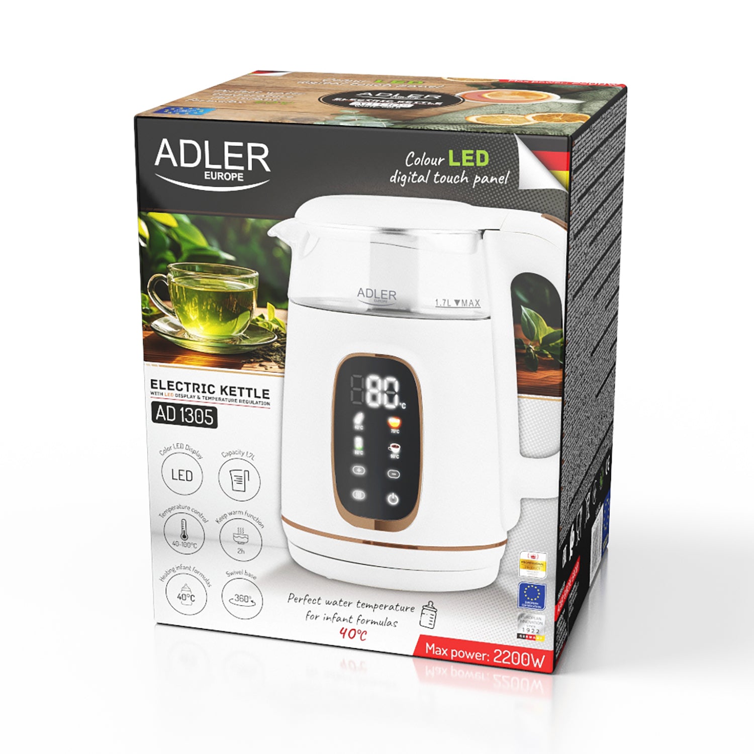 Electric Kettle Glass LED 1,7L 2200W Temperature Control Adler Manufacturer code AD 1305WG